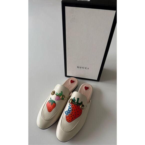 Gucci Strawberry Brixton Leather Loafer Mules Flats Multicolor Women's Size 38.5 - Picture 1 of 8